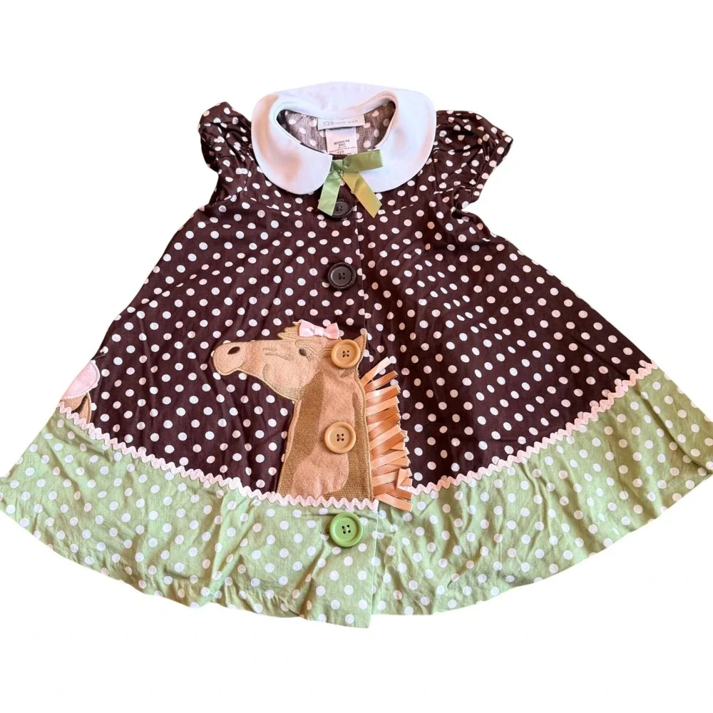 Bonnie Jean Girls 2T Brown Green Polka Dot Horse Applique Peter Pan Collar Dress
